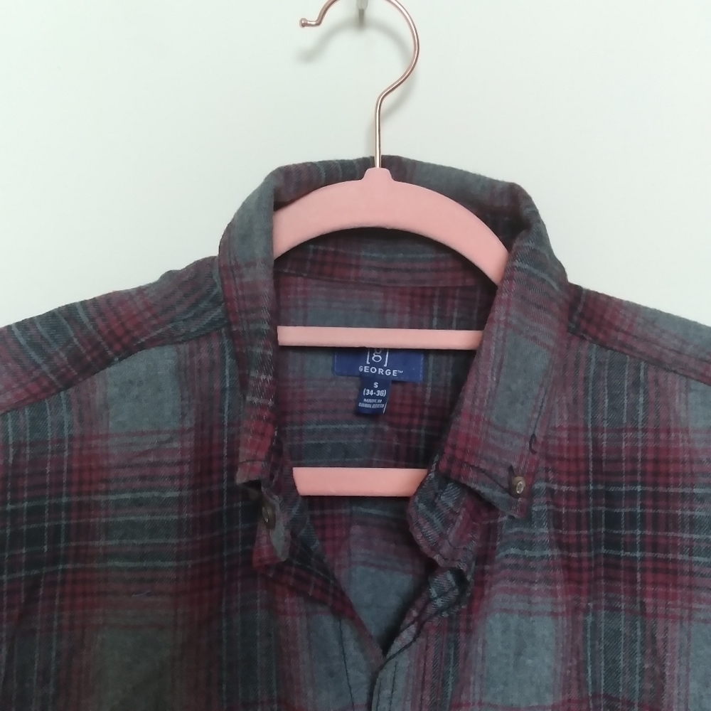 George Gray and Burgundy Plaid Flannel Button Down Shirt Size Small - Picture 5 of 11